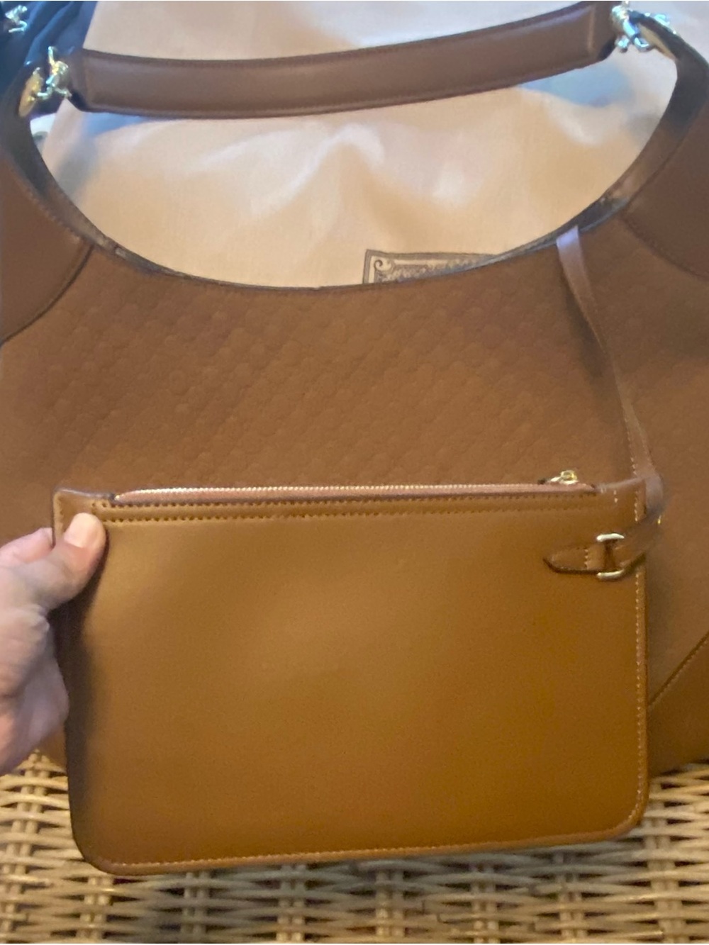 Women's Tan Leather Shoulder Bag with Removable Pouch